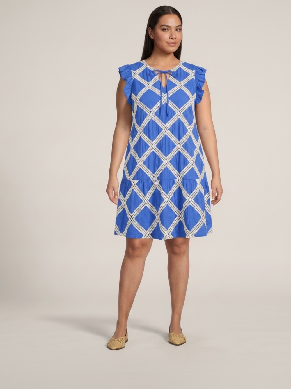 Skies are Blue Crochet Lattice Mini Ruffle Sleeve Shift Knee Length Dress NEW
